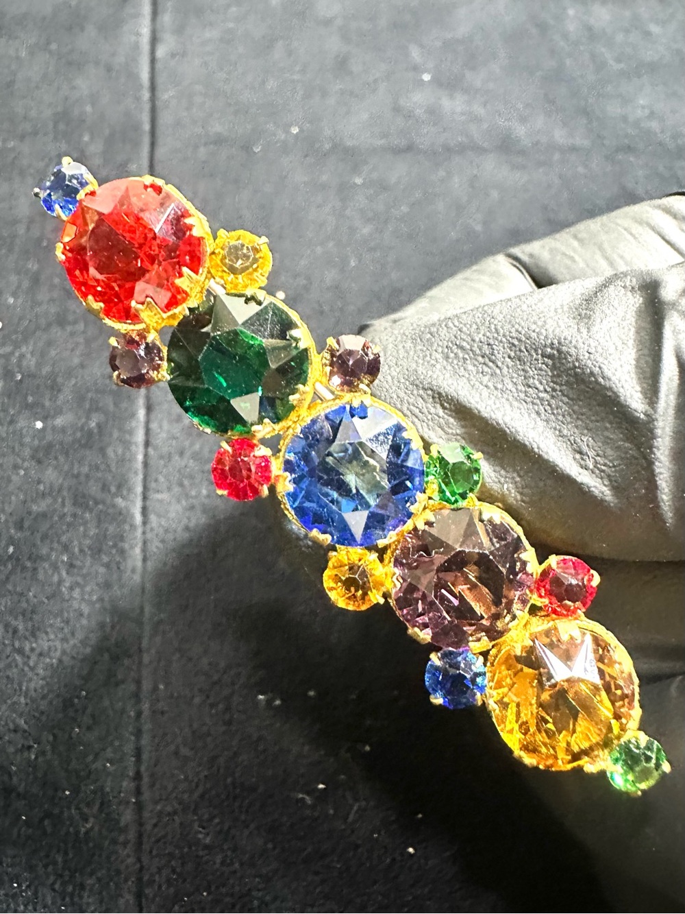 Vtg: Czechoslovakia Multicolored Glass Rhinestone Accent Bar Brooch